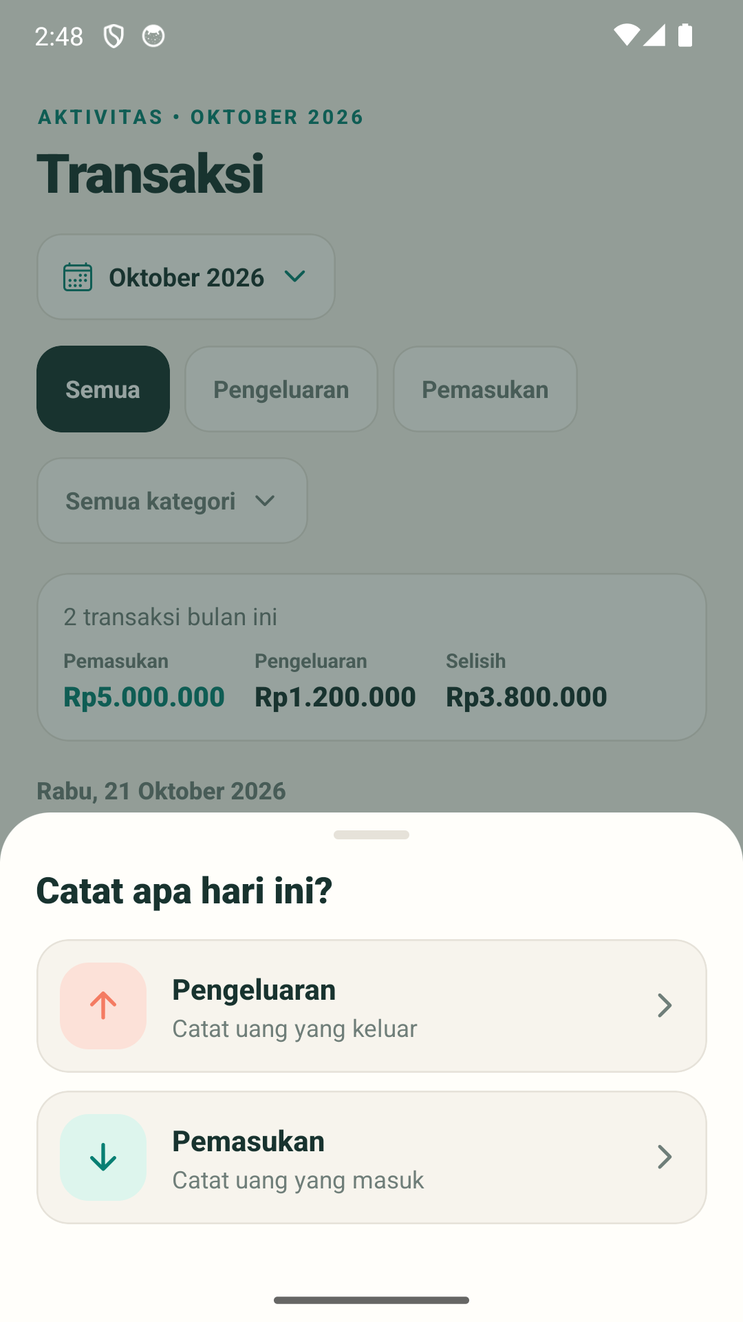 Tangkapan layar Catatan Bulanan: catat dengan cepat. Pilih pemasukan atau pengeluaran, lalu isi jumlah, kategori, tanggal, dan catatan.